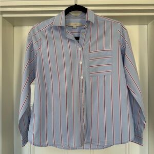 LOFT Blue and Red Striped Button-Up Blouse